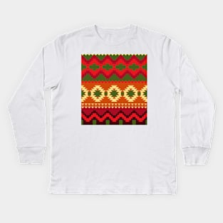 Red And Green Aztec Art Print Pattern Design Kids Long Sleeve T-Shirt